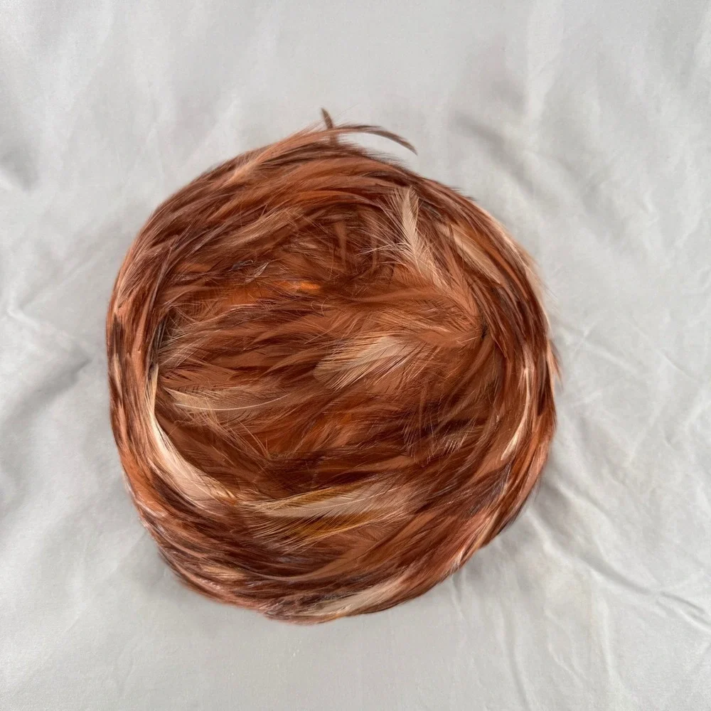 Vintage Union Made Feather Pillbox Hat Rust Copper Brown 1950s 1960s MCM USA